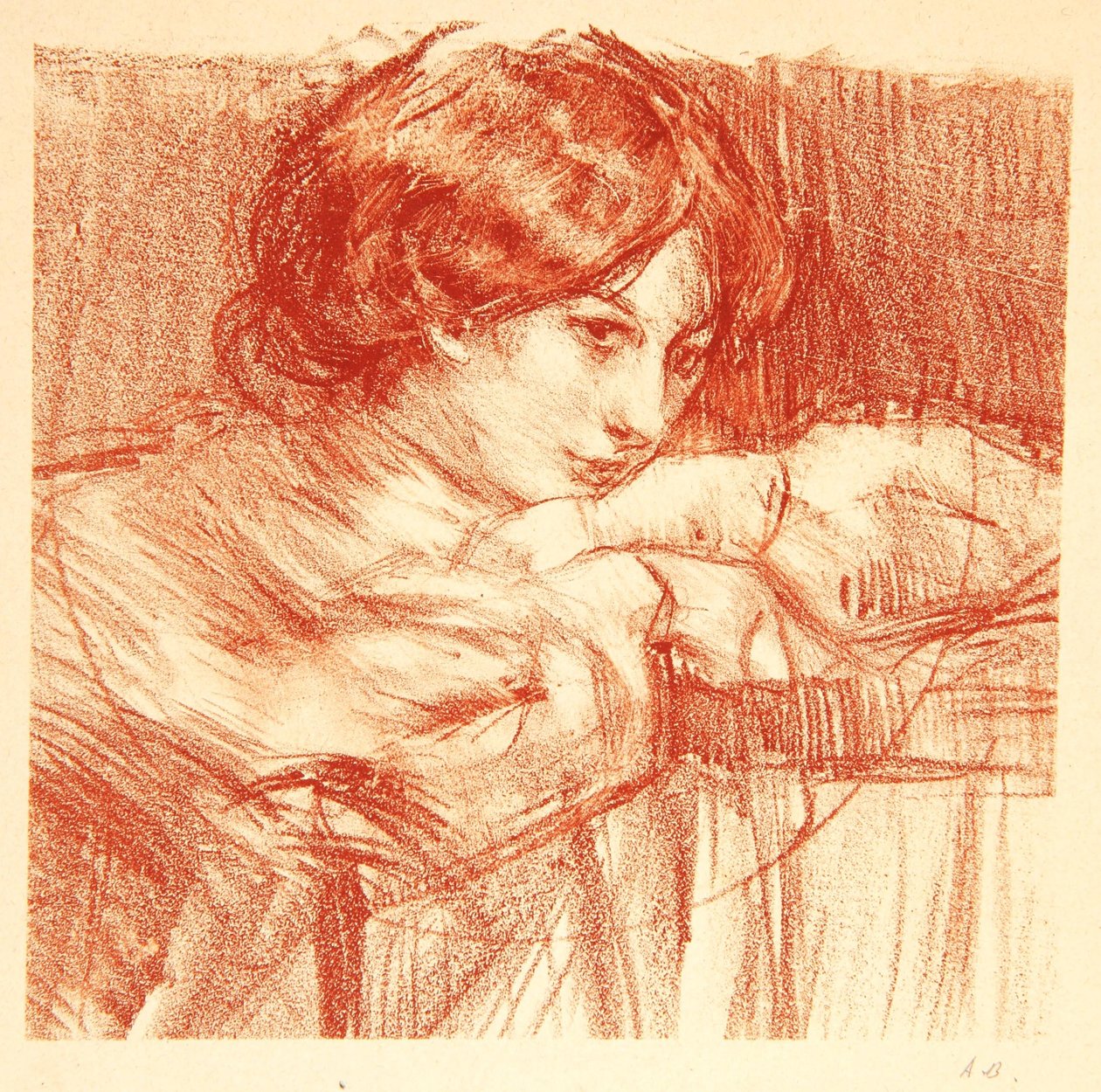 Nuori nainen nojaa ristittyihin käsiin, 1902 tekijältä Albert de Belleroche
