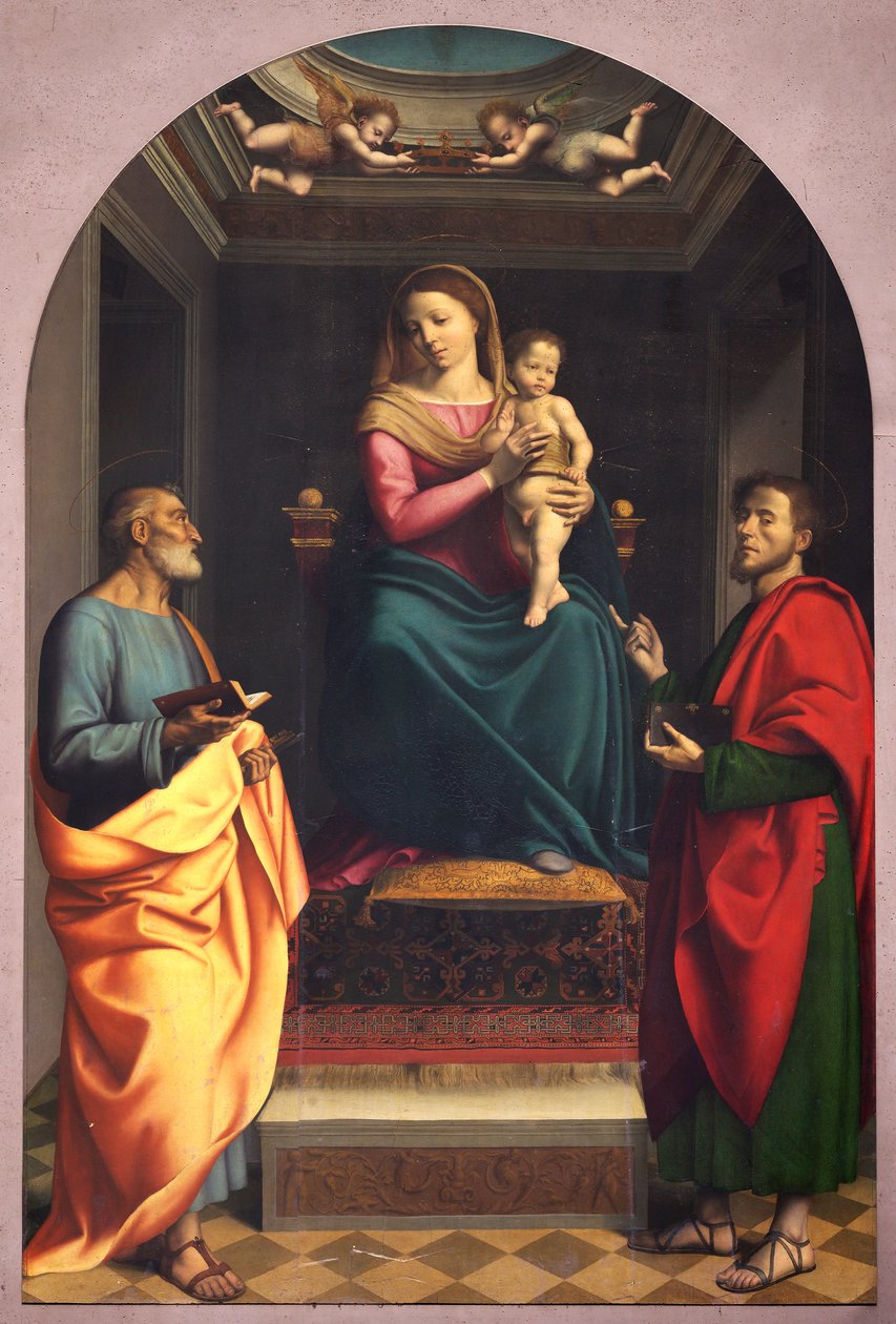Madonna ja pyhät Pietari ja Luukas, 1500-luvun ensimmäiset kaksikymmentä vuotta (maalaus) tekijältä Albertino (attr.to) Piazza