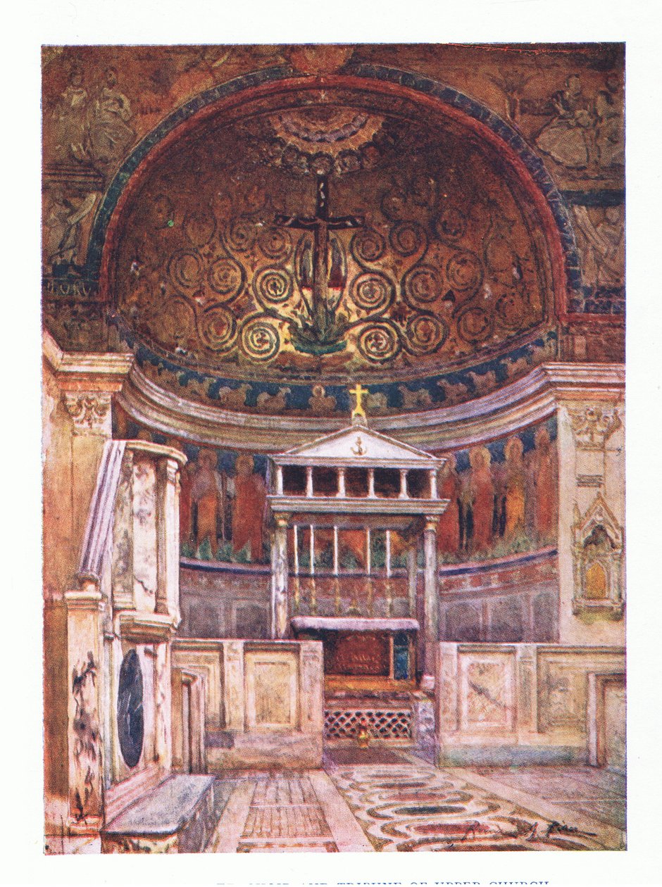 San Clemente, Yläkirkon kuoro ja tribuuni (alla on Mithrasin temppeli), Roomasta, julkaissut A & C Black Ltd, 1925. tekijältä Alberto Pisa