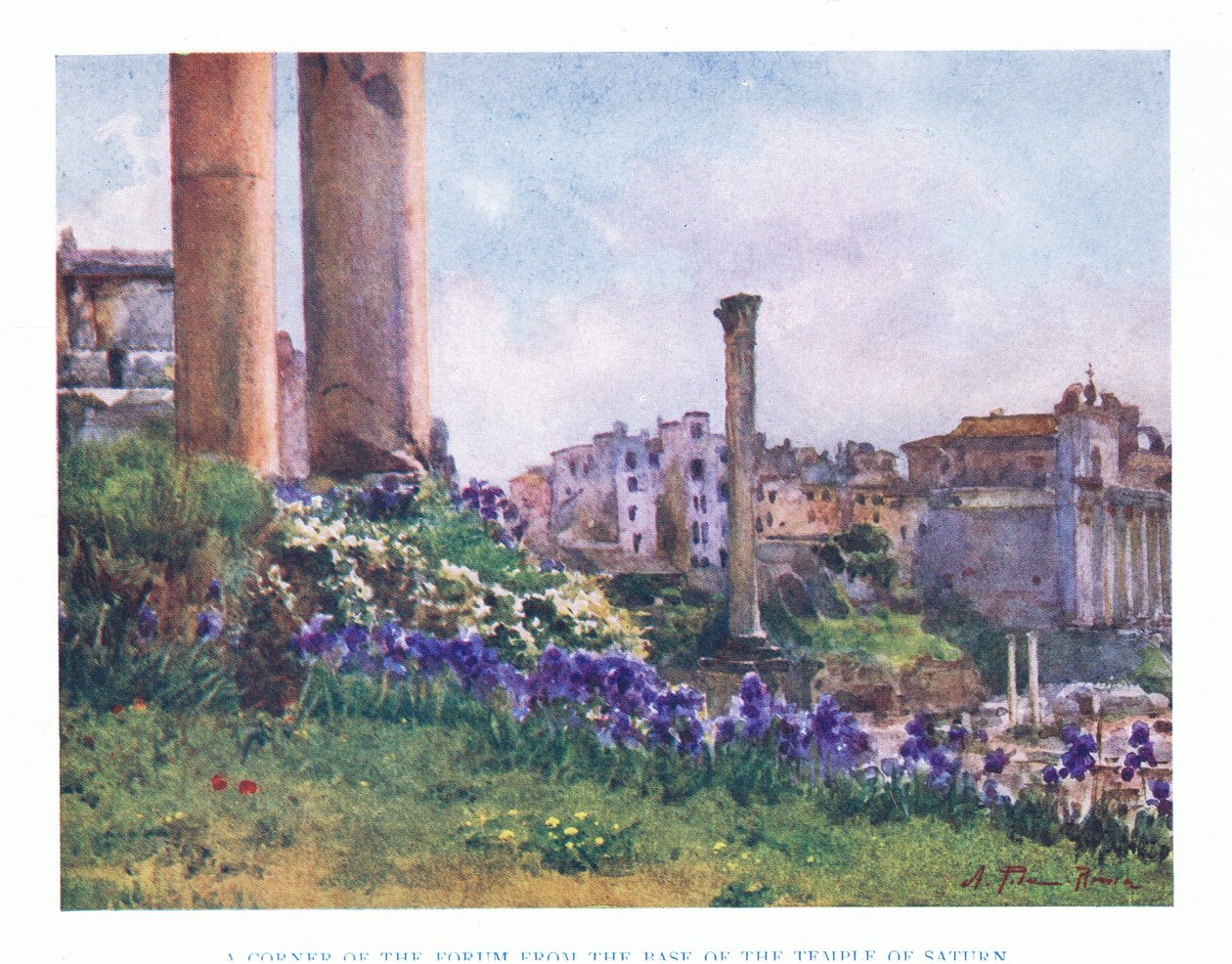 Forumin kulma Saturnuksen temppelin juurelta, Roomasta, julkaissut A & C Black Ltd, 1925. tekijältä Alberto Pisa