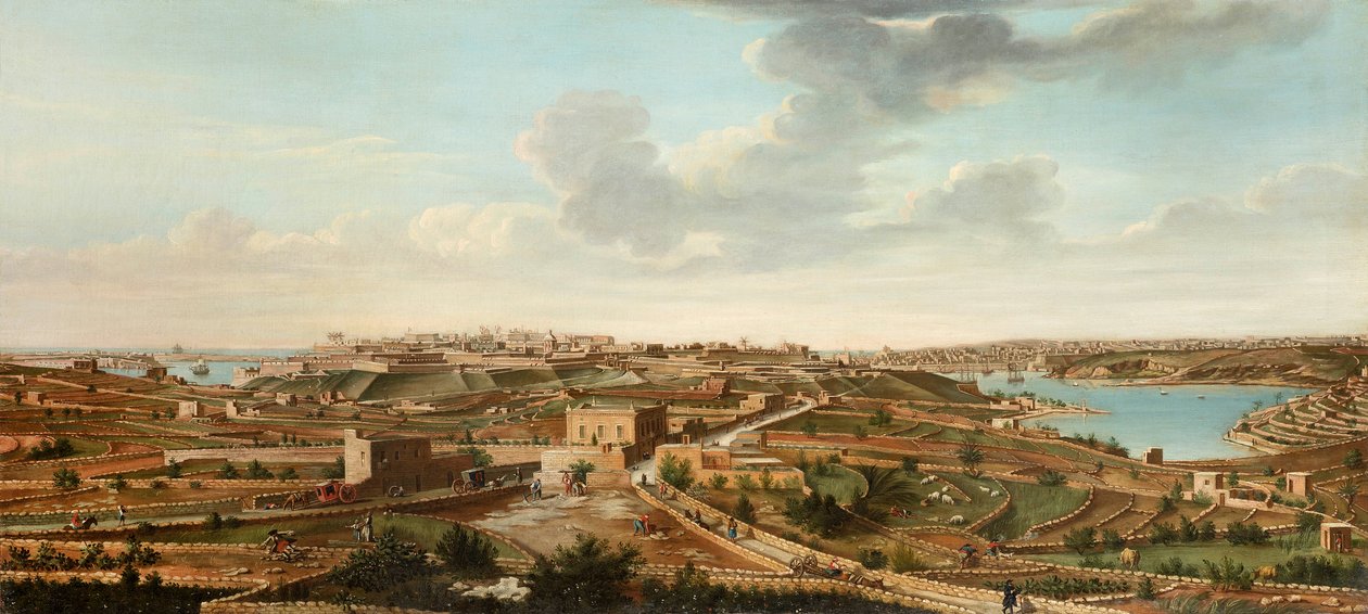 Yksi seitsemästä näkymästä Vallettasta, Maltalta ja sen ympäristöstä, n. 1753 tekijältä Alberto Pullicino