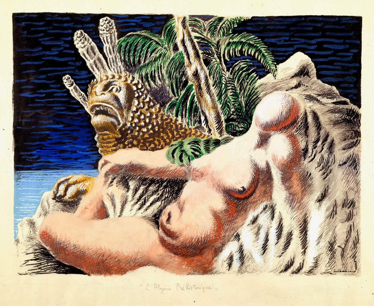 Esihistoriallinen Algeria Allegorie. Alberto Savinion (Andrea de Chirico) maalaus. tekijältä Alberto (1891 1952) Savinio