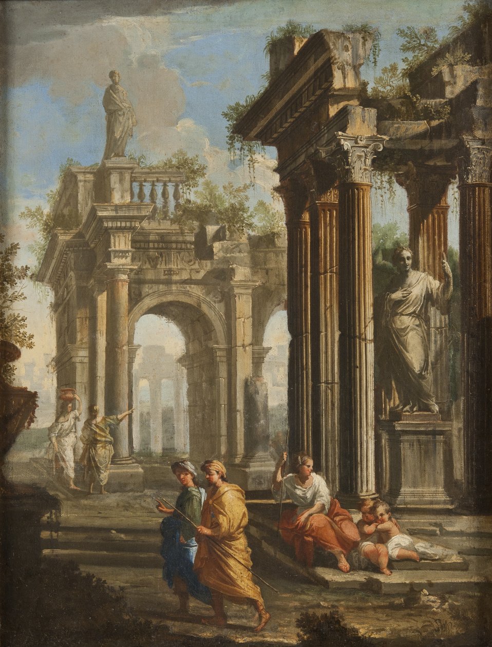 Pyhiinvaeltajat klassisten rakennusten vieressä, n. 1710 tekijältä Alberto Carlieri