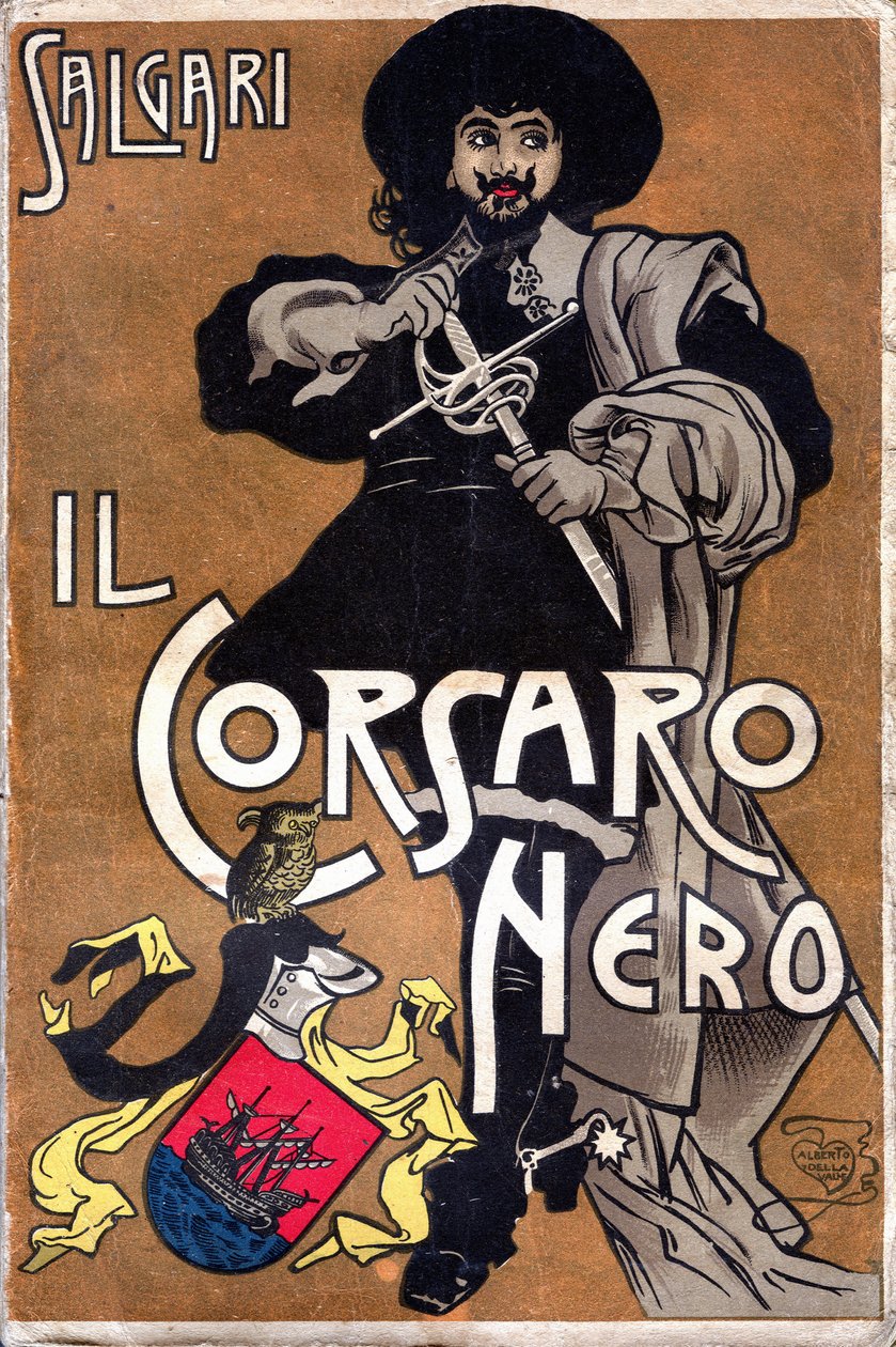 Emilio Salgarin (1863 - 1911) romaanin Il Corsaro Nero Musta sotilas kansi. tekijältä Alberto Della Valle