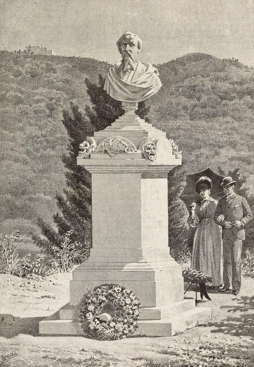 Paolo Giacomettin (1816-1882) muistomerkki Staglienon hautausmaalla, Genova, Italia, kaiverrus Alberto della Vallen piirroksesta, L