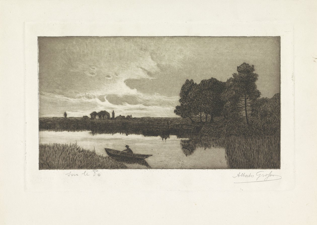 Maisema kalastajan kanssa veneessä joella Sur le Po (otsikko esineessä) tekijältä Alberto Grosso