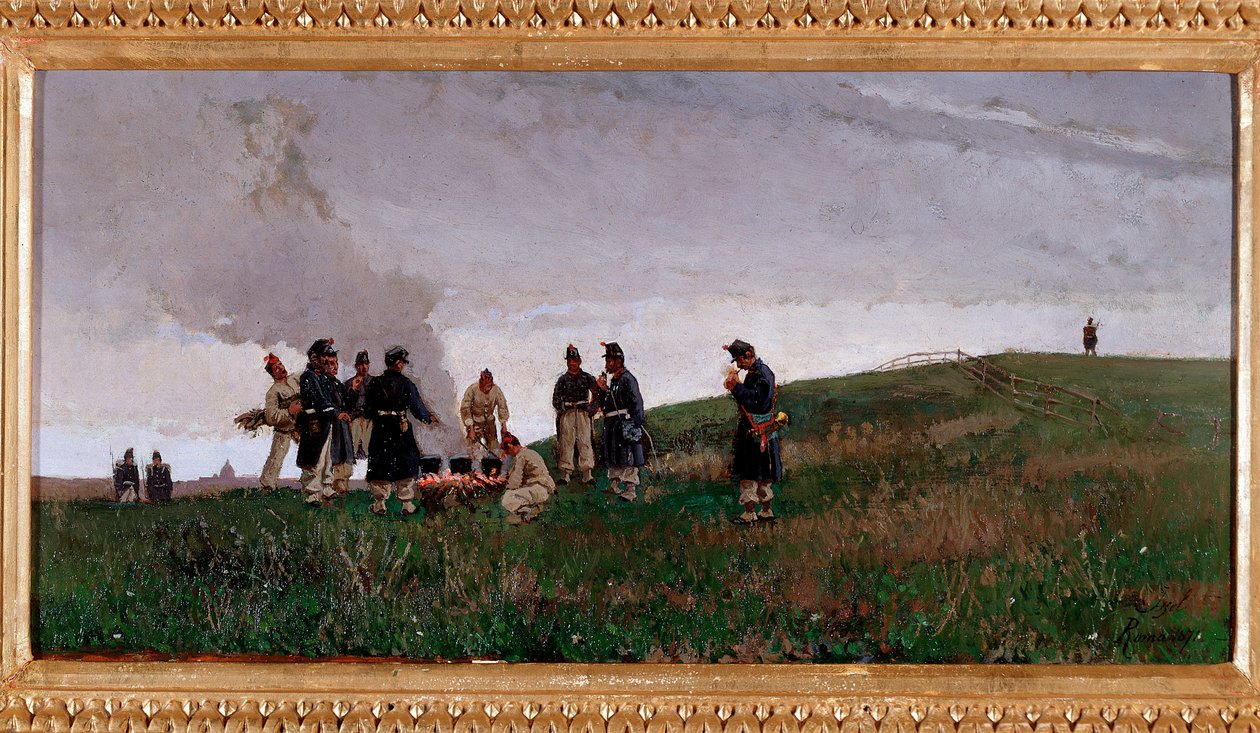 Tulen ympärillä. Italian armeijan sotilaiden bivouac (öljy kankaalle tekijältä Alberto Issel