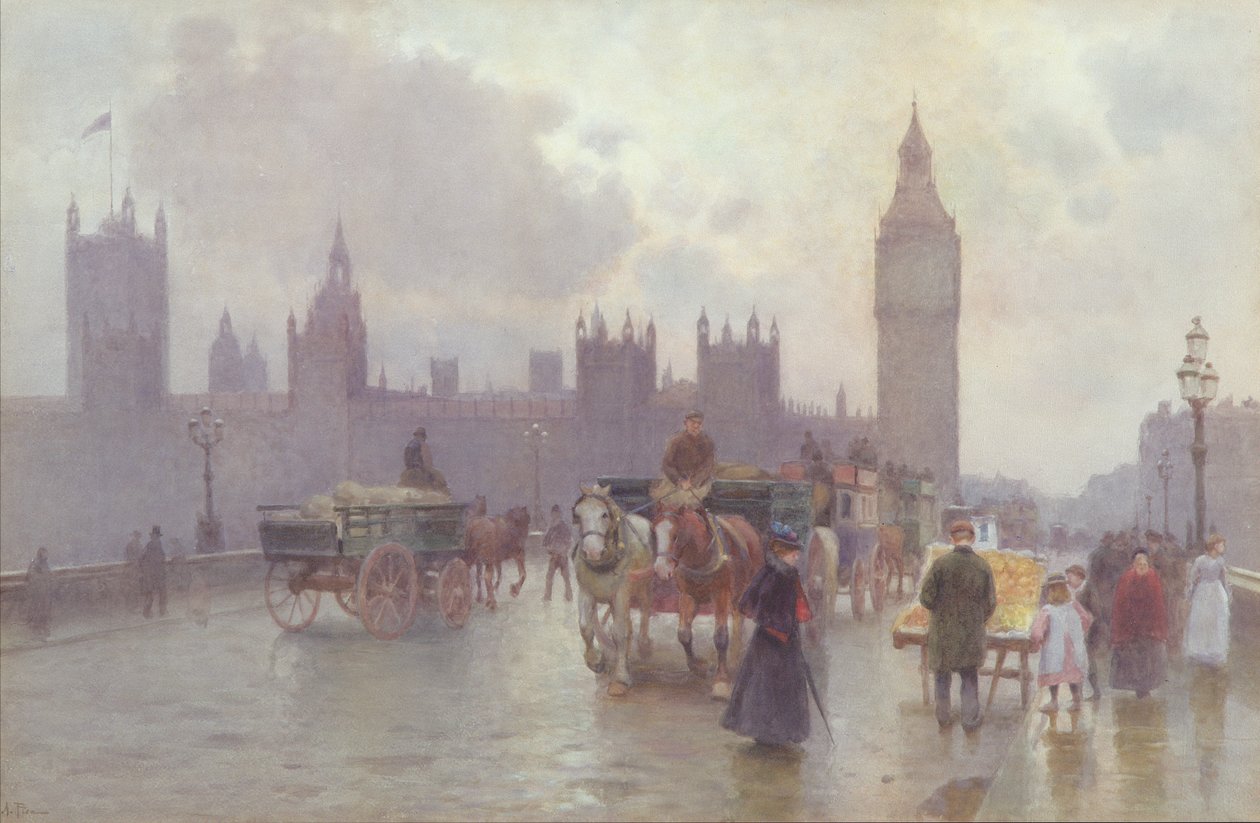 Parlamenttitalo Westminster Bridgestä, n. 1900 (wc paperilla) tekijältä Alberto Pisa