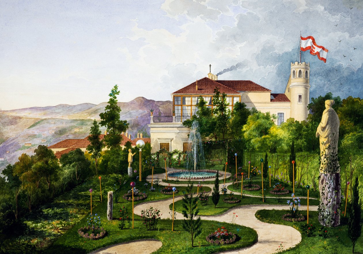 Ulkopuoli puutarhalla, Villa Lazzarovic Triesten lounaaseen Maximilian of Habsburg (1832-1867) tekijältä Alberto Prosdocini or Prosdocimi