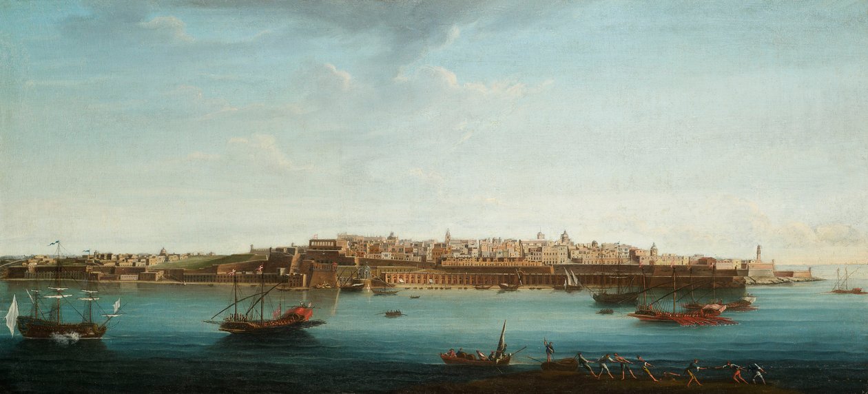 Yksi seitsemästä näkymästä Vallettaan, Maltaan ja sen ympäristöön, noin 1753 (öljy kankaalle). tekijältä Alberto Pullicino