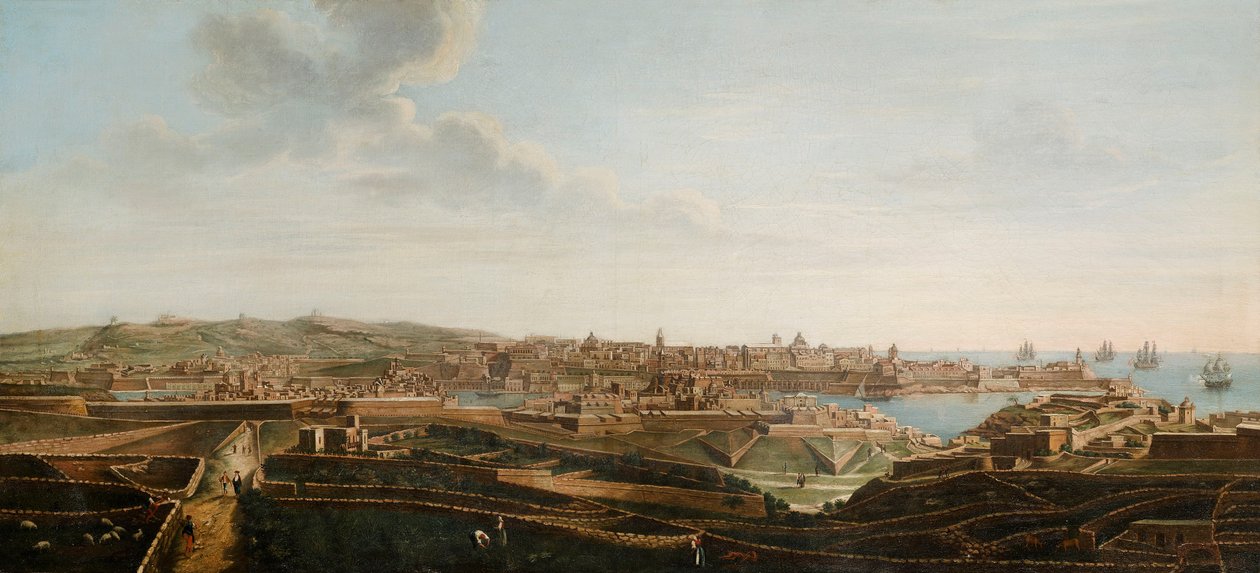 Yksi seitsemästä näkymästä Vallettaan, Maltalle ja sen ympäristöön, n. 1753 (öljy kankaalle) tekijältä Alberto Pullicino