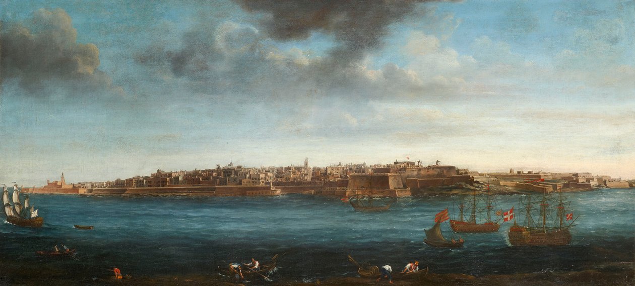 Yksi seitsemästä näkymästä Vallettaan, Maltalle ja sen ympäristöön, n. 1753 (öljy kankaalle) tekijältä Alberto Pullicino