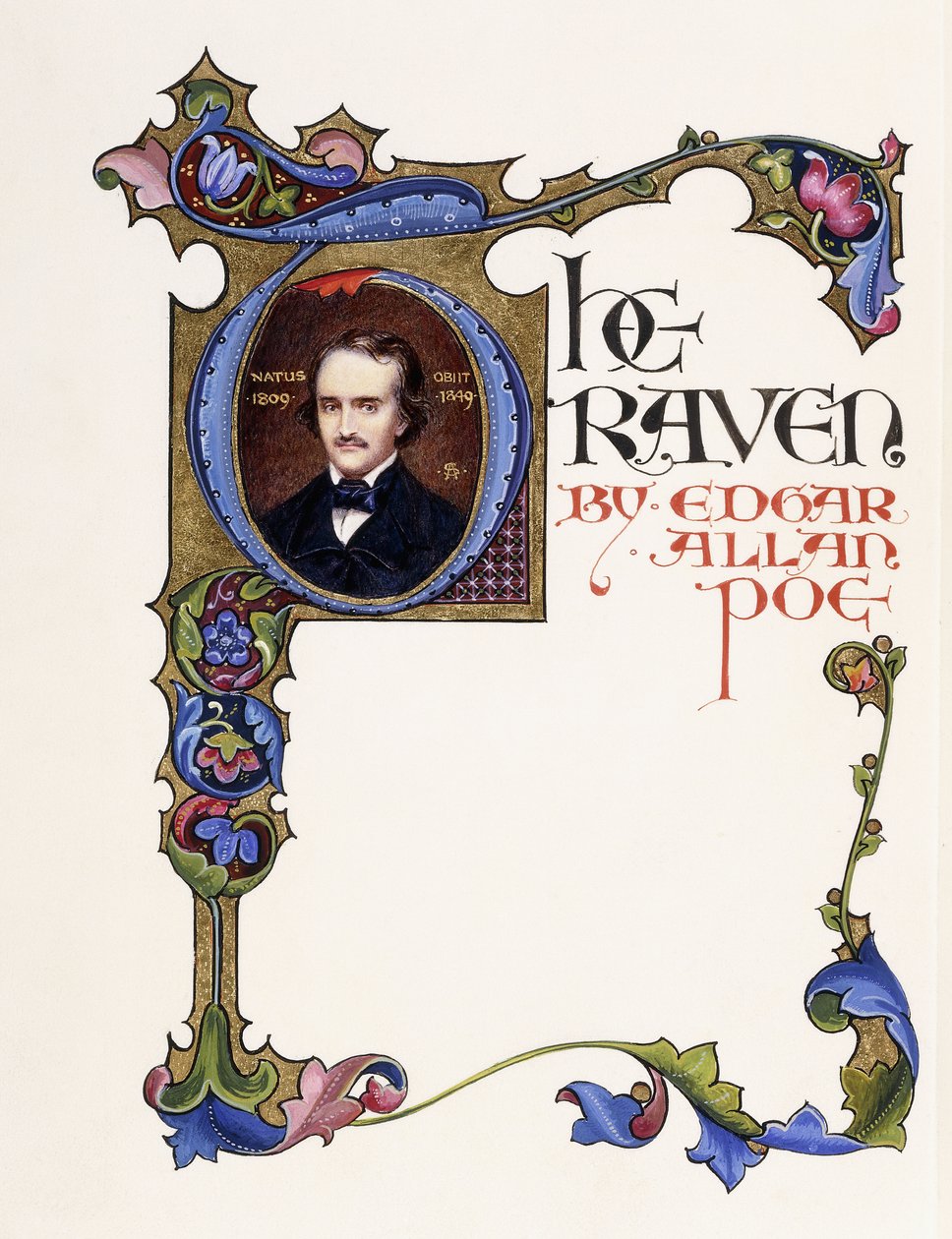 Valaistu nimilehti Edgar Allan Poen kirjasta "The Raven", jossa näkyy taiteilijan muotokuva ja historiallinen alkukirjain "T" tekijältä Alberto Sangorski