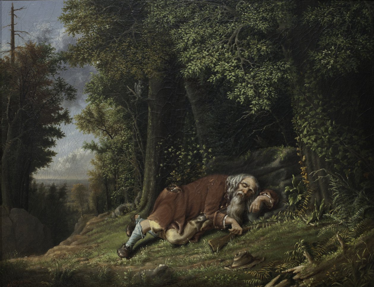 Rip Van Winkle Asleep, 1879-80 (öljy kankaalle) tekijältä Albertus D.O Browere
