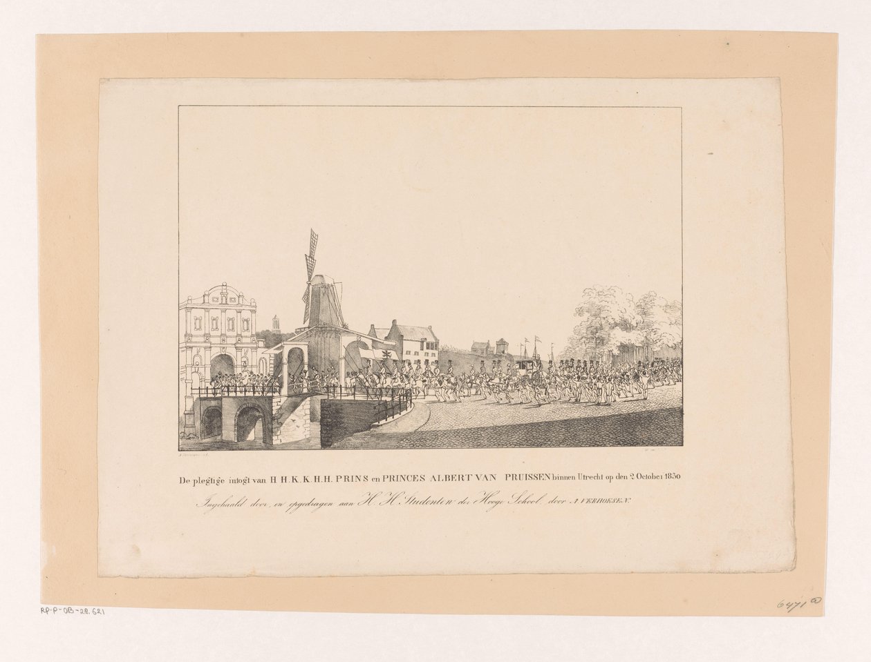 Prinsessa Mariannen ja hänen miehensä prinssi Albertin saapuminen Utrechtiin, 1830 H.H.K.K.H.H. Preussin prinssi ja prinssit Albert Utrechtissa 2. lokakuuta 1830 (otsikko esineessä) tekijältä Albertus Verhoesen