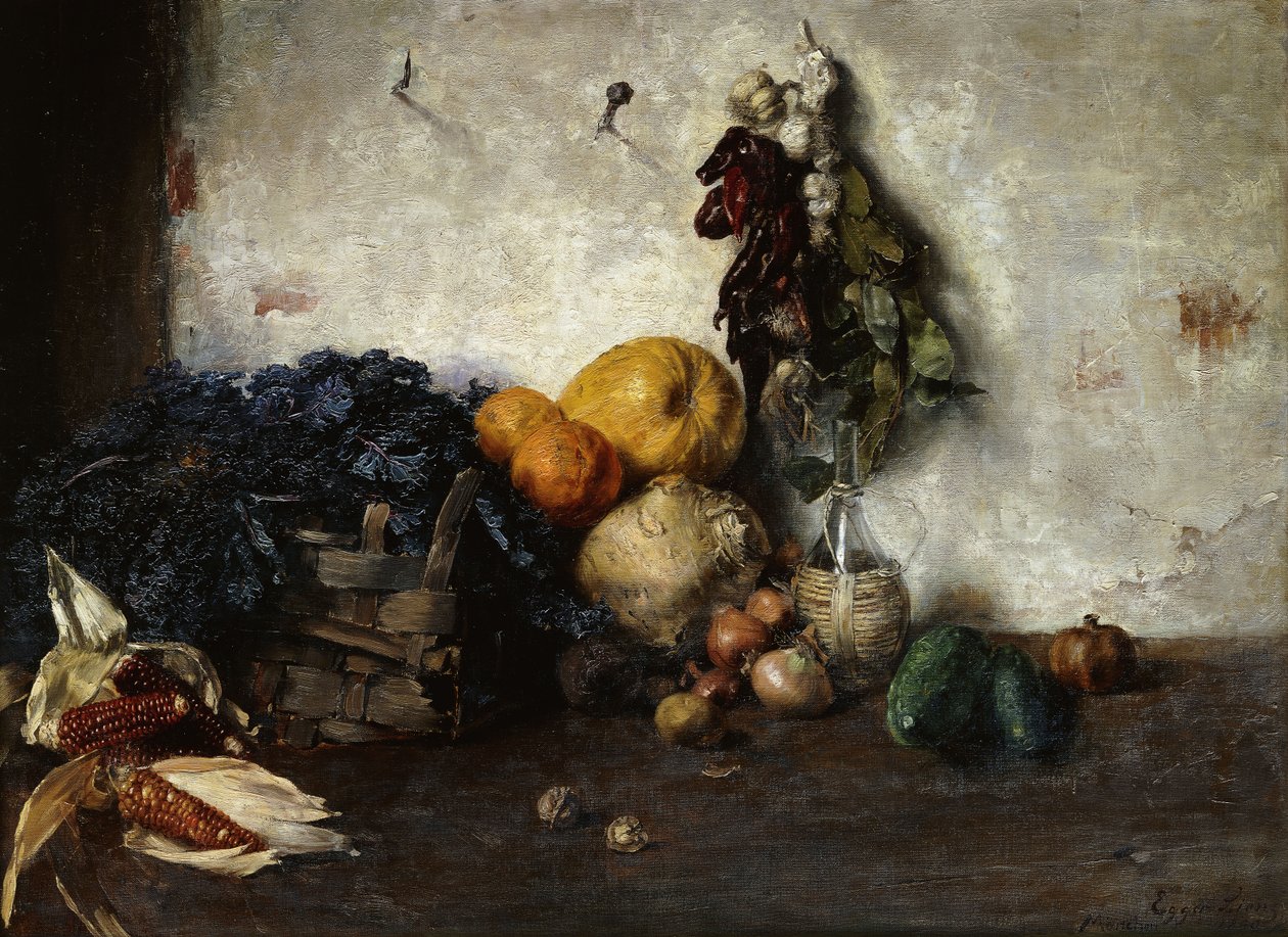 Vihannesten asetelma muurin äärellä, 1890 tekijältä Albin Egger Lienz