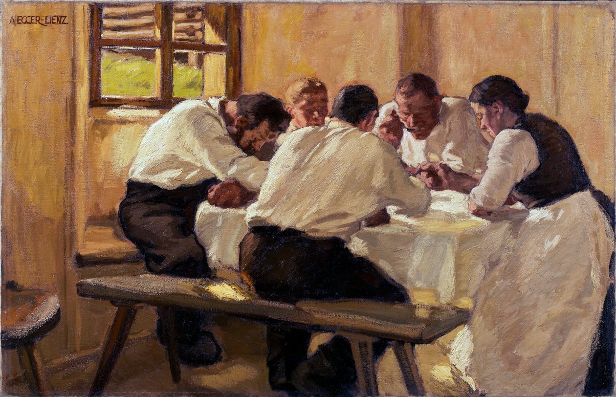 Repas, la soup (versio 2) (Lounas (The Soup, Version II) Albin Egger Lienzin (1868-1926) maalaus, öljy kankaalle tekijältä Albin Egger Lienz