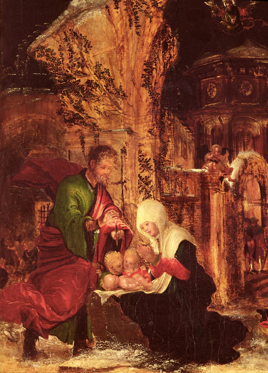 Kristuksen syntymä (pyhä yö), n. 1520-25, (66588:n yksityiskohta) tekijältä Albrecht Altdorfer