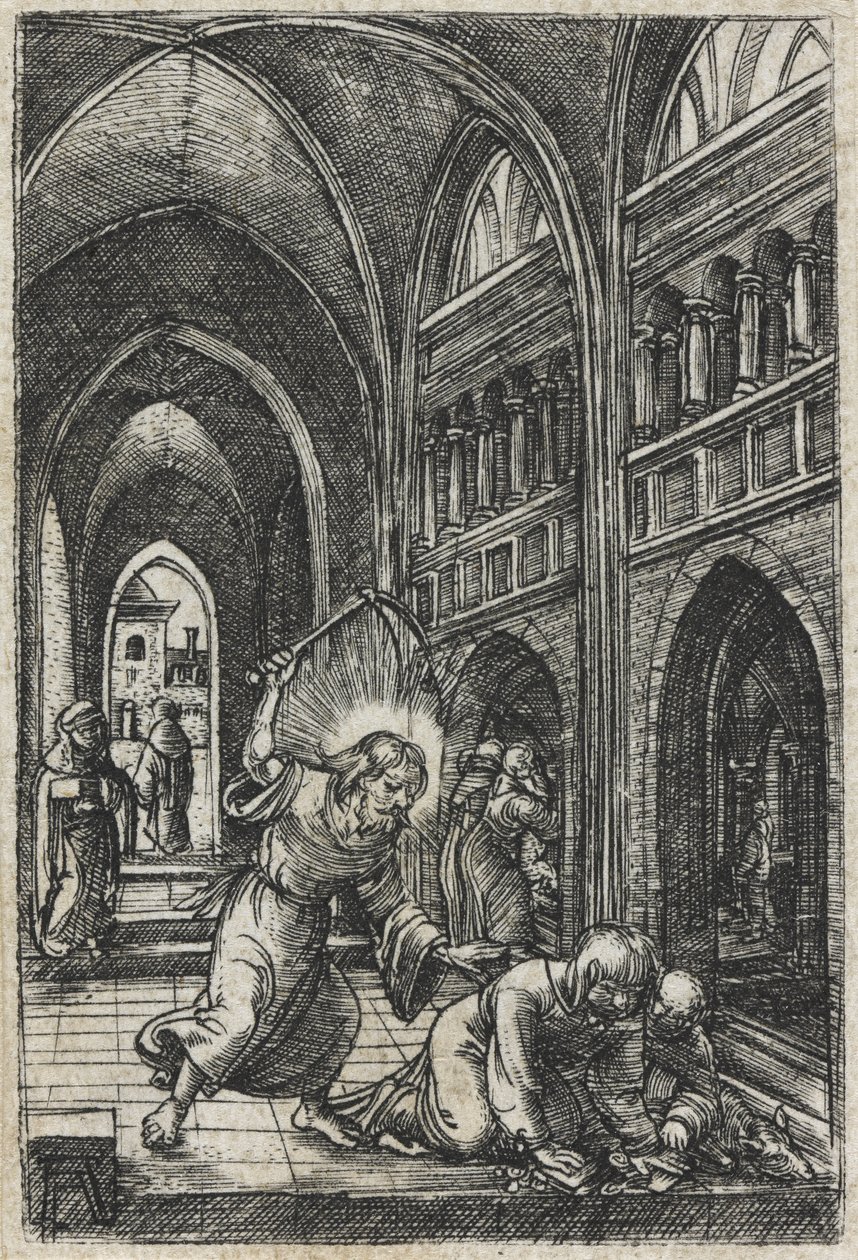 Kristus karkotti rahanvaihtajat temppelistä, n. 1519 tekijältä Albrecht Altdorfer