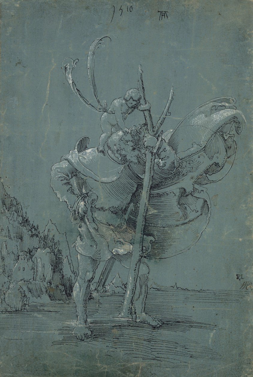 Saint Christopher, 1510 (kynä ja musta muste valkoisella kynällä vihreällä sinisellä paperilla) tekijältä Albrecht Altdorfer