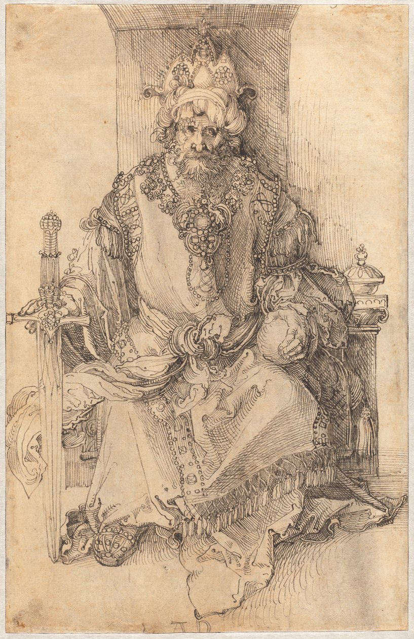 Itämainen hallitsija istuu valtaistuimellaan tekijältä Albrecht Dürer