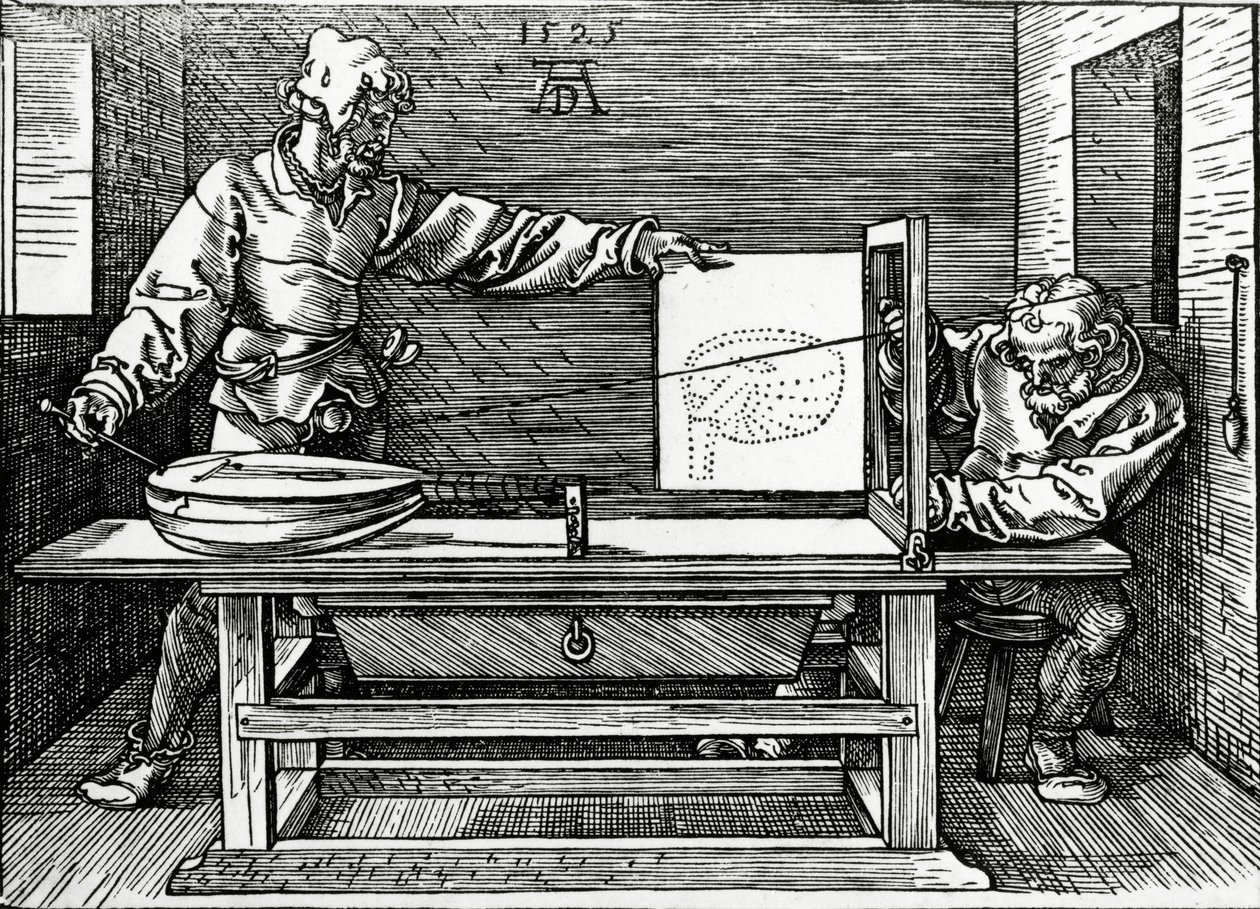 Taiteilija, joka piirtää luuttoa perspektiivilaitteistolla, kuvitus Durerin vuonna 1525 julkaistusta "Four Books on Measurement" -kirjasta tekijältä Albrecht Dürer