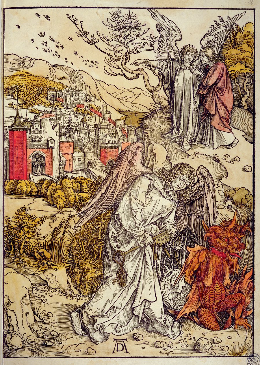 Enkeli syvyyden avaimella, 1498 (värillinen puupiirros) tekijältä Albrecht Dürer