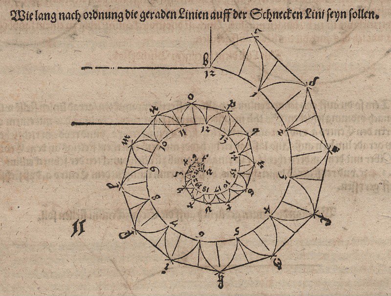 Bestimmung der Längen der aufgesetzten Stacheln einer Tangens-Spirale tekijältä Albrecht Dürer