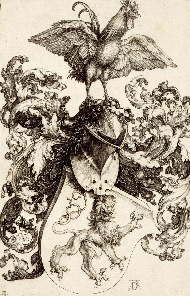 Vaakuna leijonan ja kukon kanssa tekijältä Albrecht Dürer