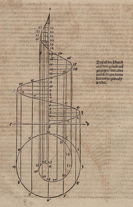 Grund- und Aufriss einer konischen Spirale mit Hilfslinien tekijältä Albrecht Dürer