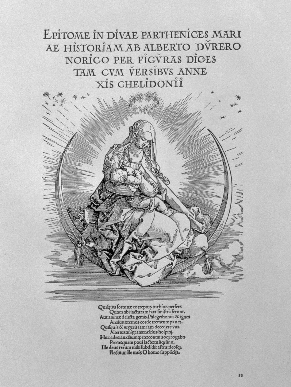Madonna imettävänä äitinä ja jumalallisena olentona, sarjan "The Life of the Virgin" nimilehti, pub. 1511 tekijältä Albrecht Dürer