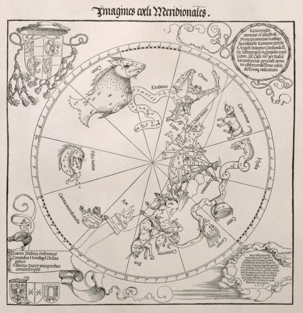 Eteläisen taivaan kartta, tähtikuvioita, koristeltu kardinaali Lang von Wellenburgin harjalla ja omistus hänelle vaakuna ja keisarillinen tekijänoikeus, 15 tekijältä Albrecht Dürer