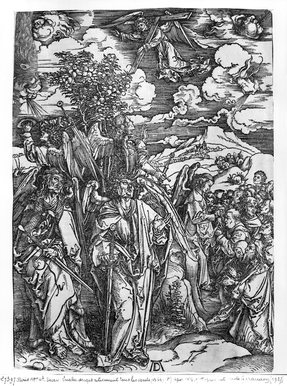 Kohtaus Apokalypsista, Neljä enkeliä pitelemässä tuulia, latinalainen painos, 1511 tekijältä Albrecht Dürer