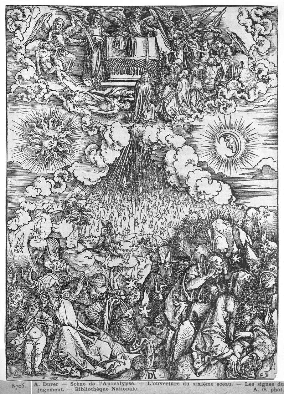 Kohtaus Apokalypsista, Viidennen ja kuudennen sinetin avaaminen, latinalainen painos, 1511 tekijältä Albrecht Dürer