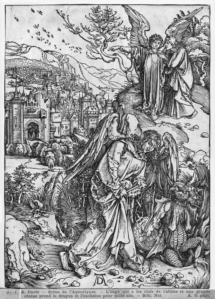 Kohtaus Apokalypsista, Enkeli, jolla on kuilun avaimet ja iso ketju, kahlitsee lohikäärmeen tuhanneksi vuodeksi, latinalainen painos, 1511 tekijältä Albrecht Dürer