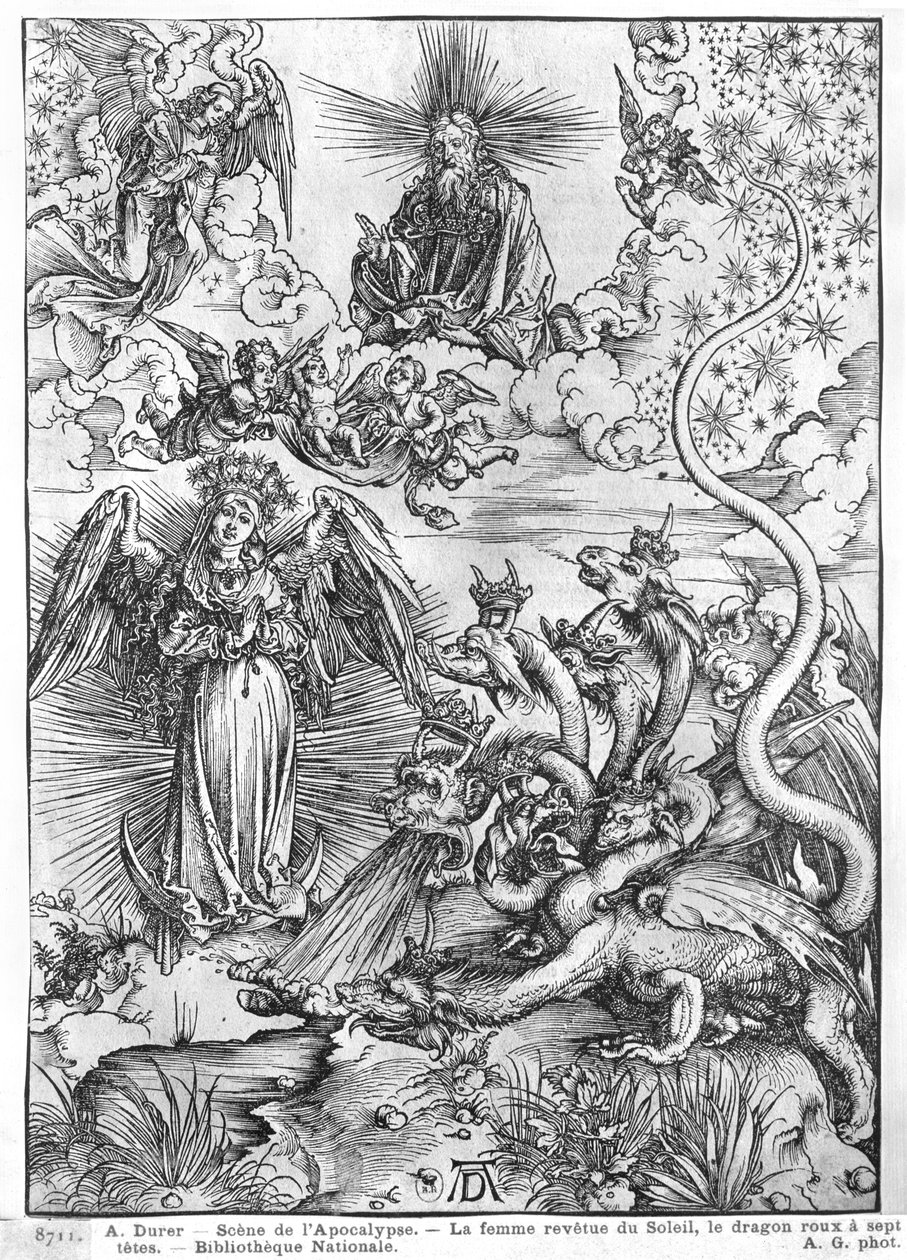 Kohtaus Apokalypsista, Nainen pukeutunut aurinkoon ja seitsenpäiseen lohikäärmeeseen, latinalainen painos, 1511 tekijältä Albrecht Dürer