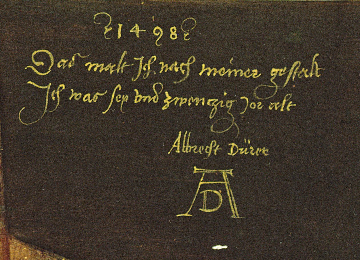 Omakuva hansikkaat kädessä, yksityiskohta allekirjoituksesta, 1498 (yksityiskohta kuvasta 545) tekijältä Albrecht Dürer