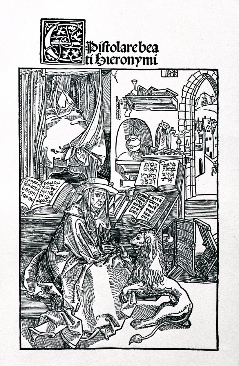 Pyhä Hieronymus työhuoneessaan vetämässä piikkiä leijonan tassusta, etukuva Pyhän Hieronymuksen kirjeiden kokoelmassa, pub. 1492 tekijältä Albrecht Dürer