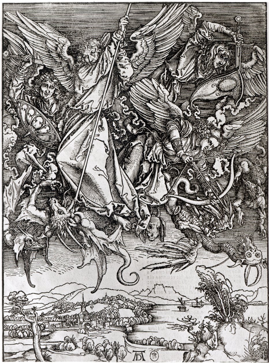 St. Michael and the Dragon, latinalaisesta painoksesta, 1511 (ksylografia) tekijältä Albrecht Dürer