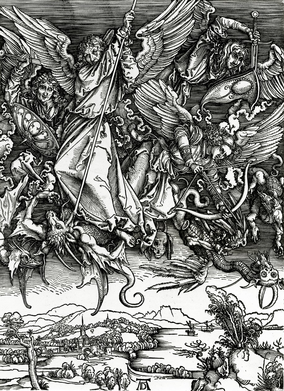 Pyhä Mikael taistelee lohikäärmettä vastaan, 1498 tekijältä Albrecht Dürer