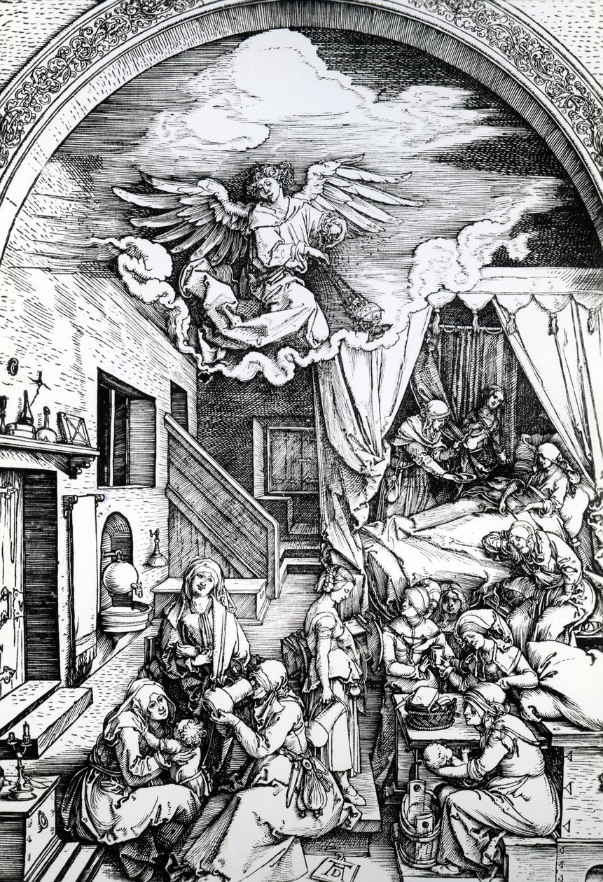 Neitsyen syntymä, Neitsyen elämän kiertokulku, 1511 (puupiirros paperille) tekijältä Albrecht Dürer