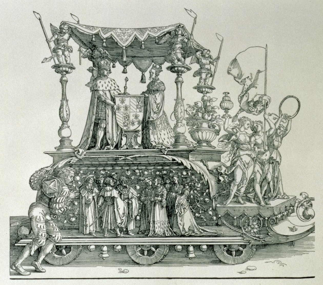 Burgundialainen avioliitto tai Saksan keisari Maximilian I:n (1459-1519) voittokulkue, jossa näkyy Maximilianuksen ja Burgundialaisen Marian (1458-82) häävaunut Vicin ohjaamana tekijältä Albrecht Dürer