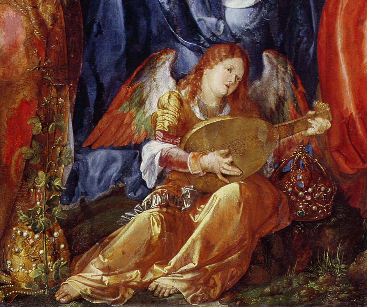 Ruusukimppujen juhla, enkelimuusikon yksityiskohta, 1506 (yksityiskohta kuvasta 157023). tekijältä Albrecht Dürer
