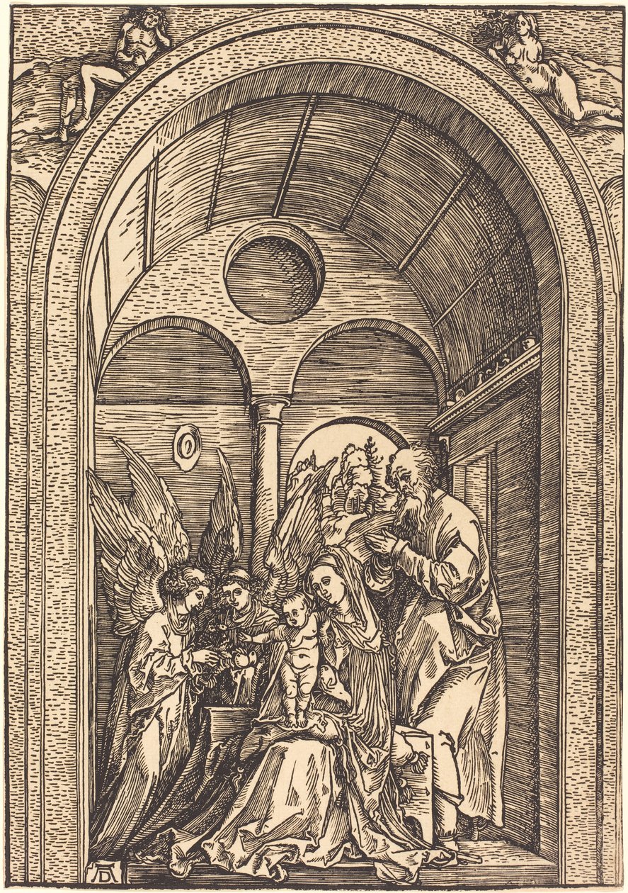Pyhä perhe kahden enkelin kanssa holvisaalissa tekijältä Albrecht Dürer