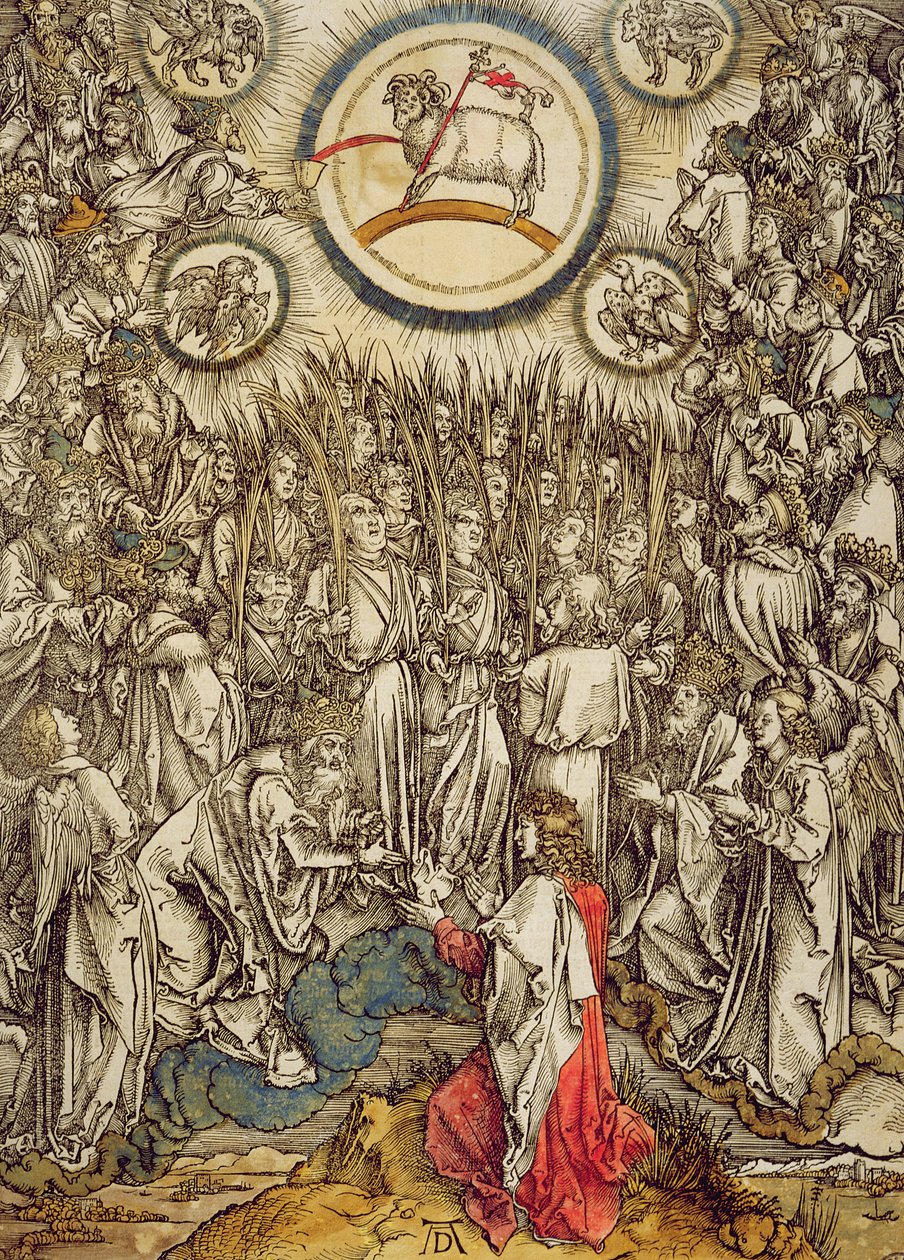 Jumalan Karitsa ilmestyy Siionin vuorella, 1498 (värillinen puupiirros). tekijältä Albrecht Dürer