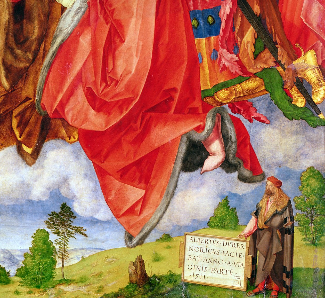 Landauer-alttaritaulu, All Saints Day, yksityiskohta omakuvasta, 1511 (68677:n yksityiskohta) tekijältä Albrecht Dürer