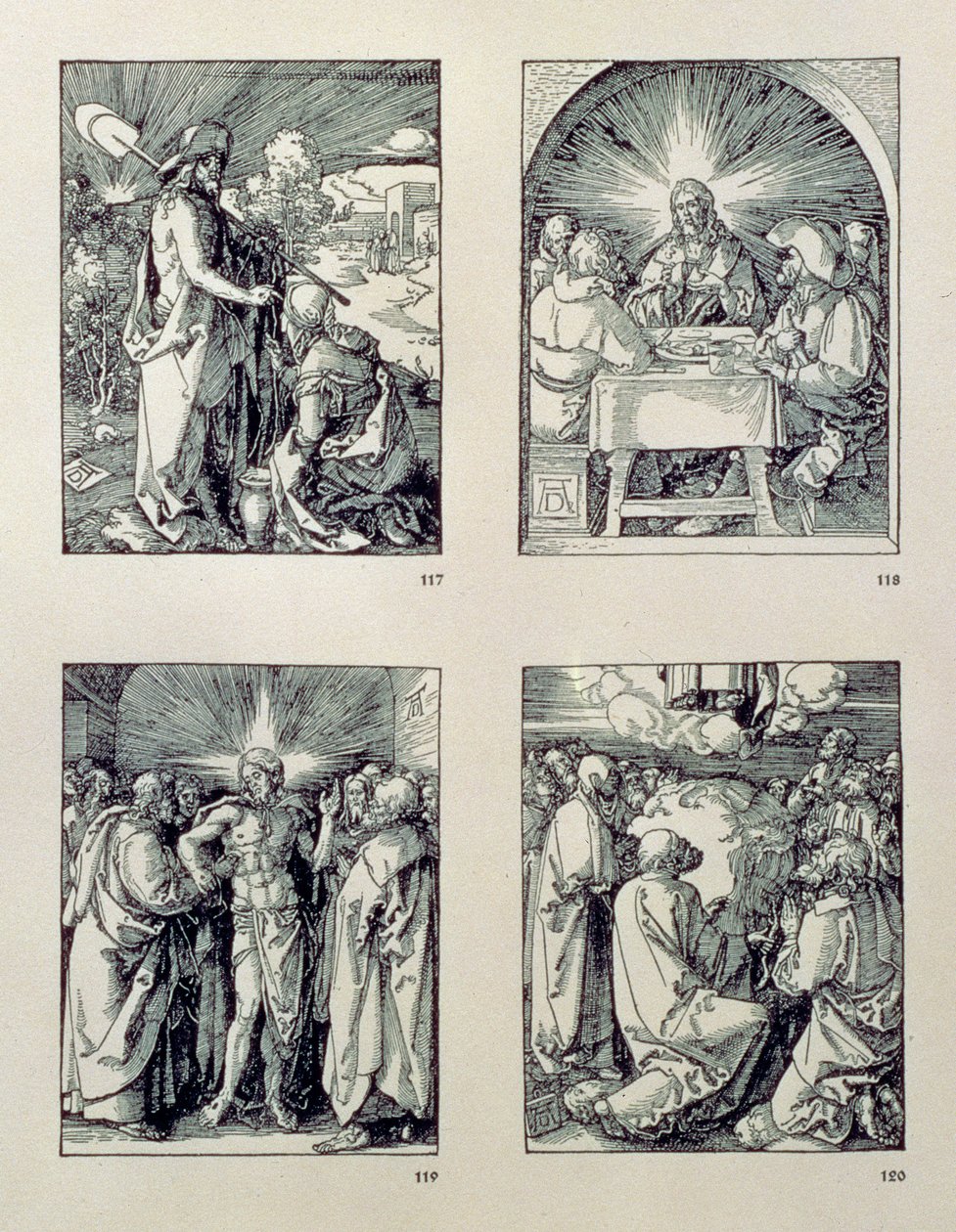 Pieni intohimo -sarja: (myötäpäivään), Kristus ilmestyy Magdalenalle puutarhurina; Kristus Emmauksessa; Kristus ja epäilevä Tuomas; Ascension, pubi. 1511 tekijältä Albrecht Dürer