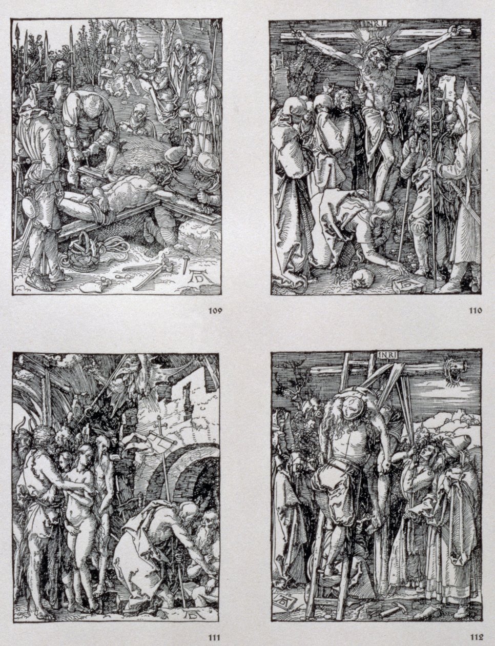 Pieni intohimo -sarja (myötäpäivään) Naulaus ristiin; Ristiinnaulitseminen; Kristus Limbossa; Laskeutuminen ristiltä, pub. 1511 tekijältä Albrecht Dürer
