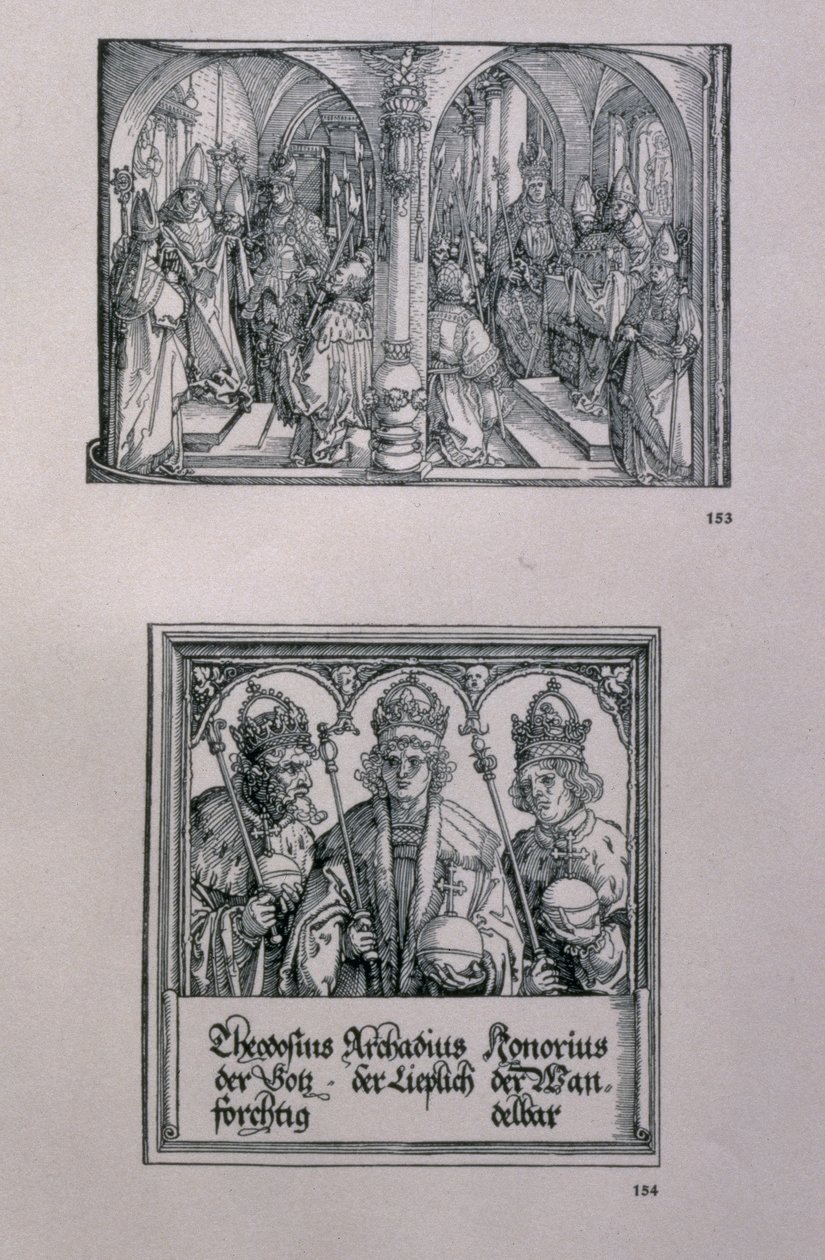 Keisari Maximilian I:n (1459-1519) riemukaari: yksityiskohta, jossa on kaksi paneelia, (ylhäällä) tapahtuma Maximilianuksen ja (alhaalla) Rooman keisari Theodosius I:n, Suuren (n. 346-395) ja hänen t. tekijältä Albrecht Dürer