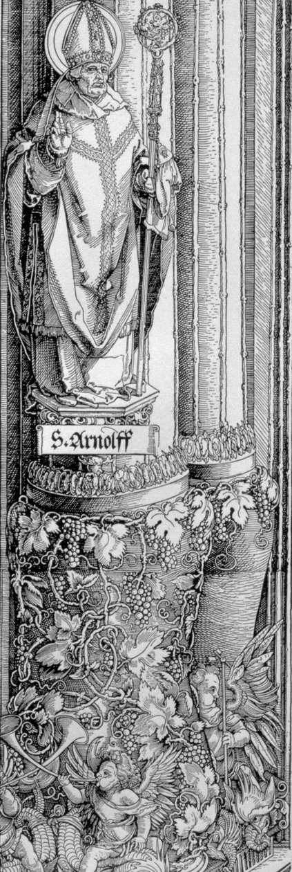 Ang Triumphal Arch of Emperor Maximilian I ng Germany (1459-1519): detalye ng column mula sa kaliwang gate na nagpapakita ng estatwa ni St. Arnulf (d.643) na may puno ng ubas sa ibaba at mga kerubin na humihip ng mga trumpeta, pub. finn tekijältä Albrecht Dürer